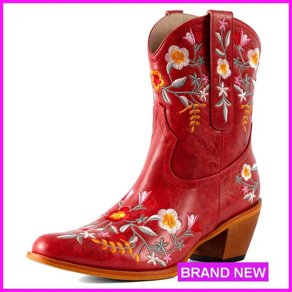 Shoes - Floral Embroidered Ankle Cowboy Boots Chunky Heel Square Toe Western Pull On